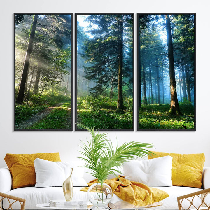 Enhancing the space is the Forest Sun Shine wall art canvas print, showcasing a serene forest scene.