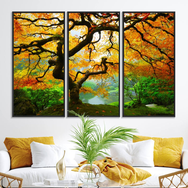 The Portland Japanese Maple Tree Canvas adds elegance to a modern living room.