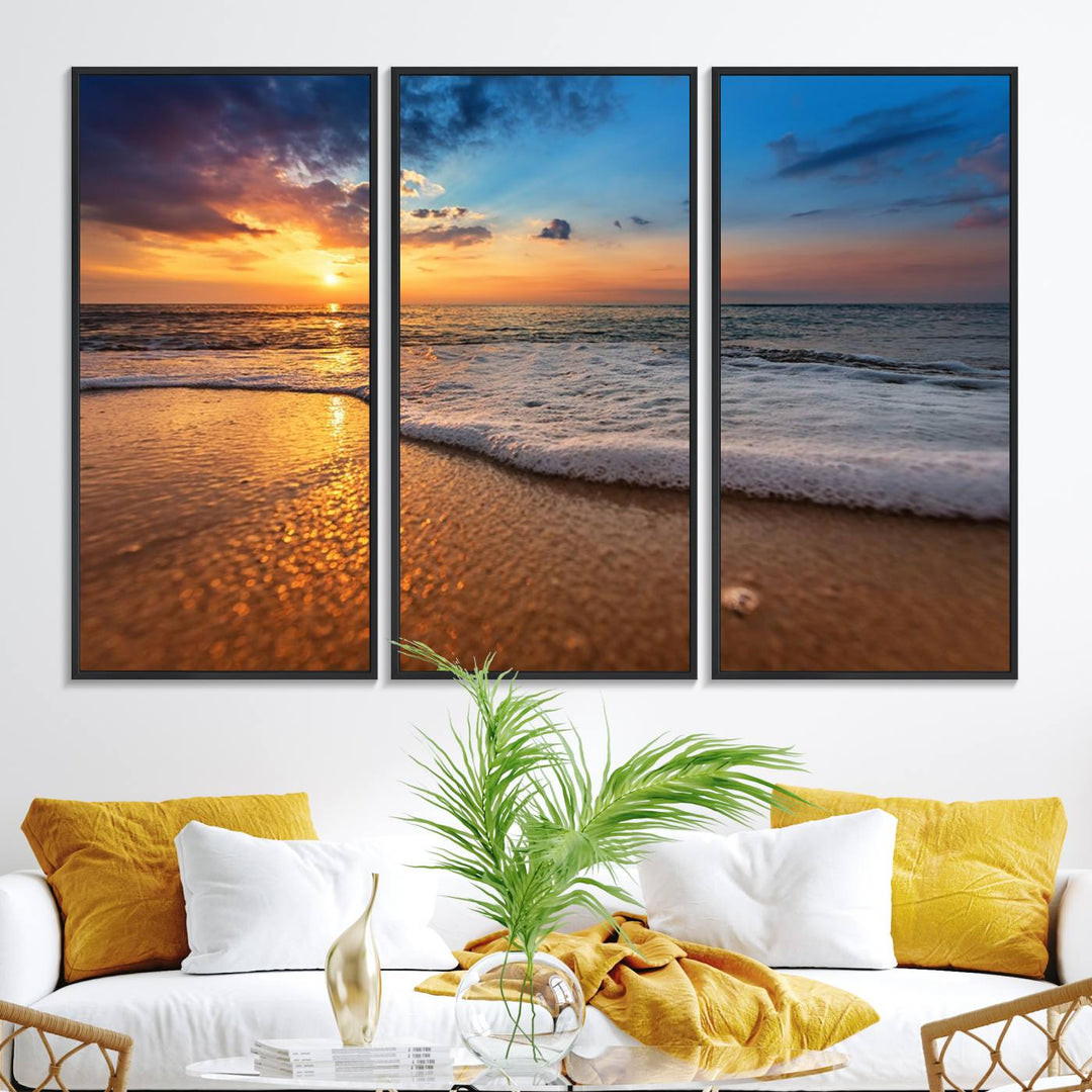 The Golden Sunset Beach Waves Triptych adds a modern coastal touch with its stunning seascape.