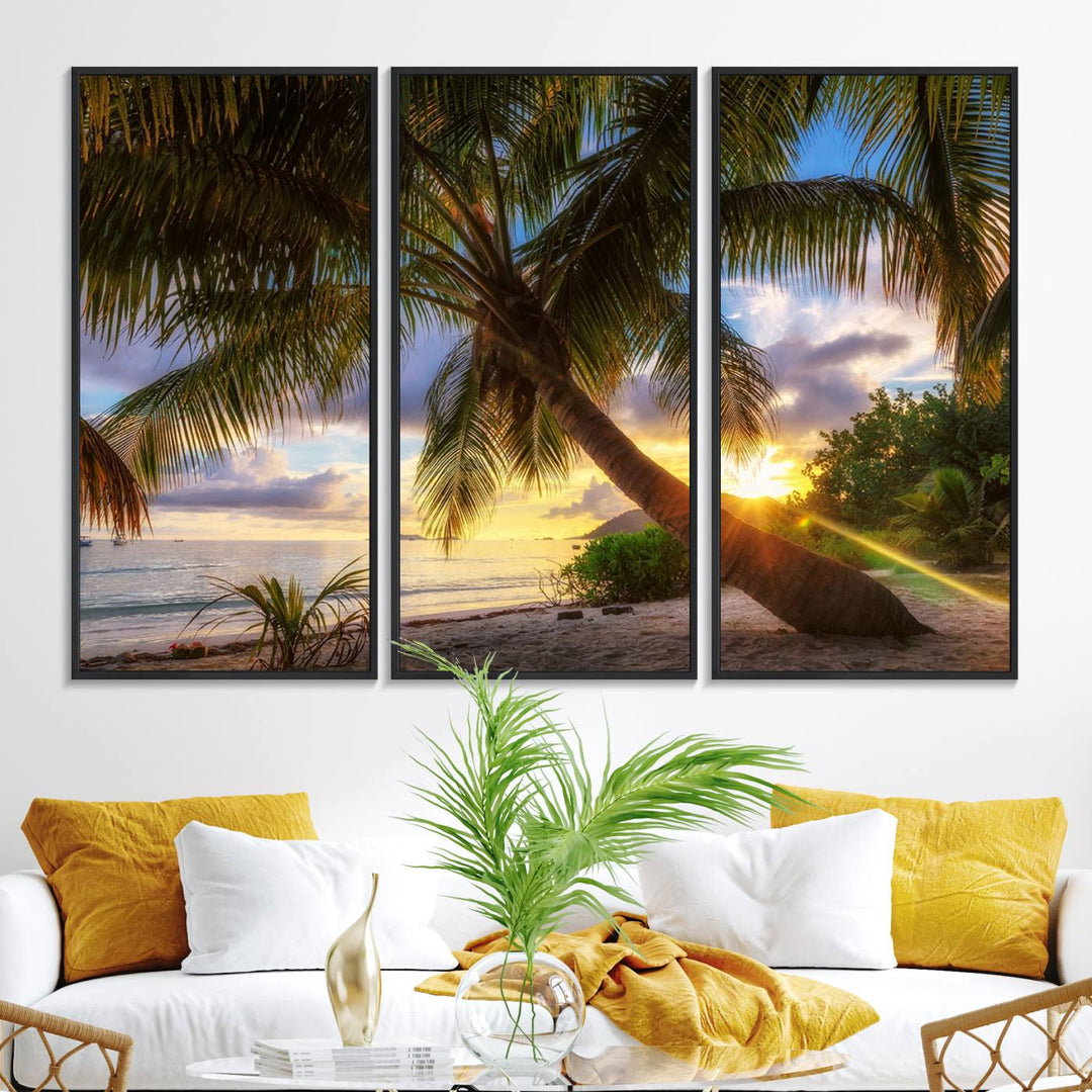 A Coastal Sunset Palm Tree canvas print hangs prominently.