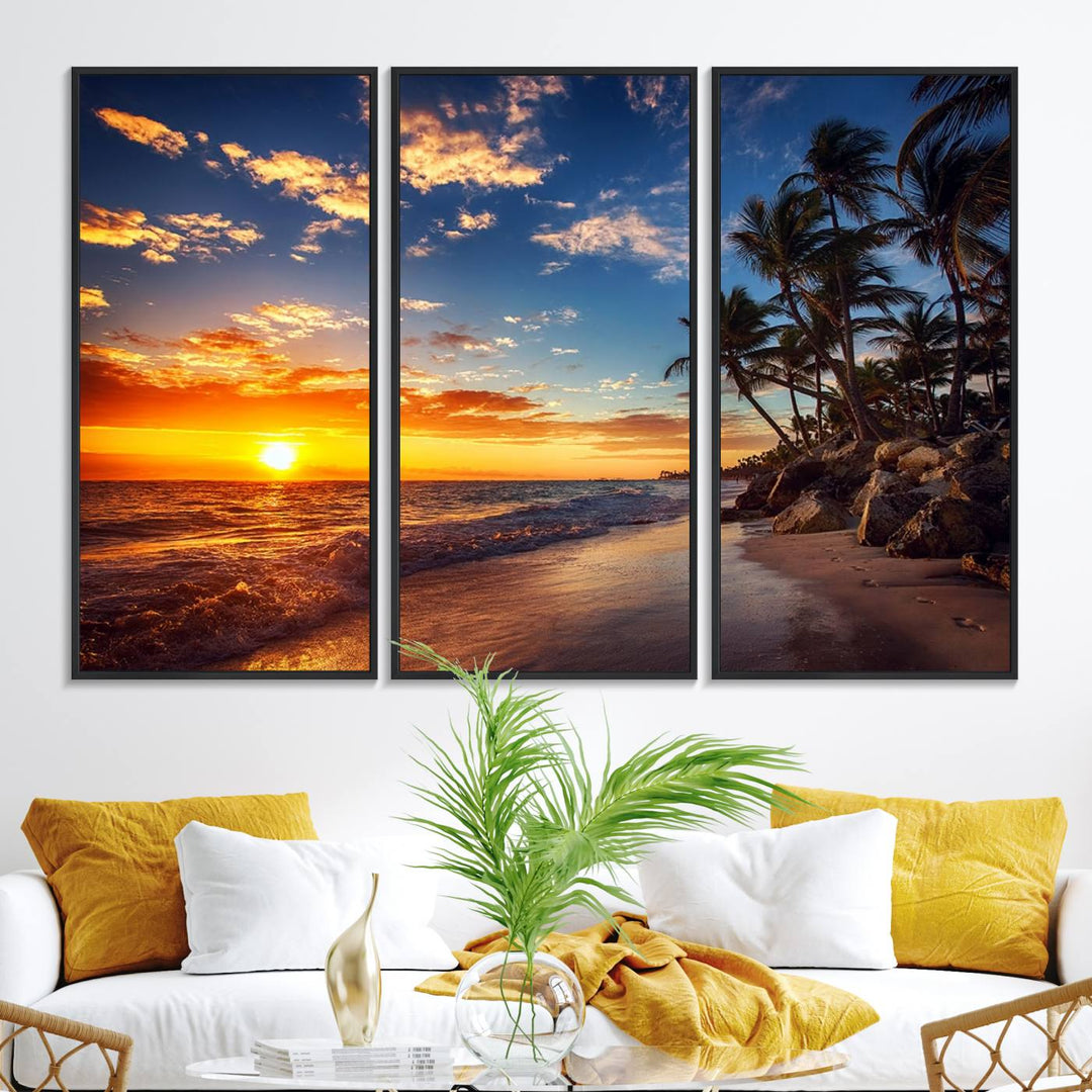 A stunning Tropical Beach Sunset Canvas Art featuring palm trees and ocean waves, created as a Giclee print.