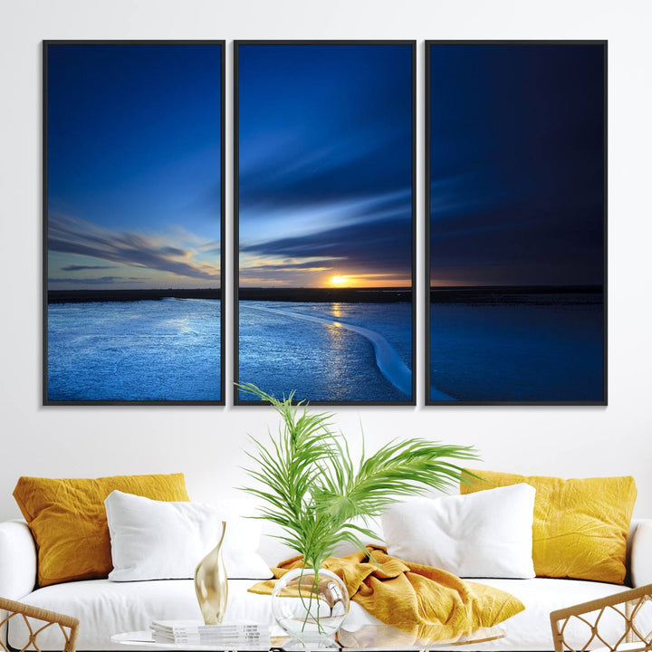 Modern decor: Deep Blue Ocean Sunset Triptych for a serene coastal vibe.