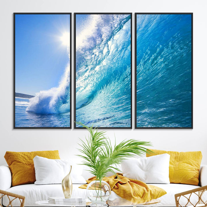 The Blue Big Wave Surfing Ocean Canvas adds a coastal vibe to a wooden wall.