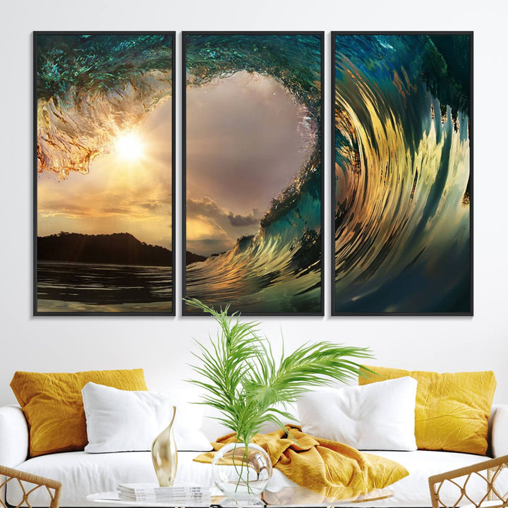 A Golden Wave Sunset Giclee hangs above, showcasing colorful ocean wave art.