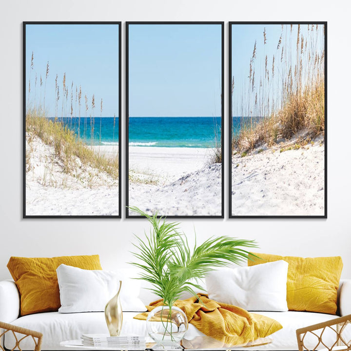 Serene Coastal Dune Path with Ocean View, 3-Panel Beach Canvas Art; tranquil seascape for coastal decor.