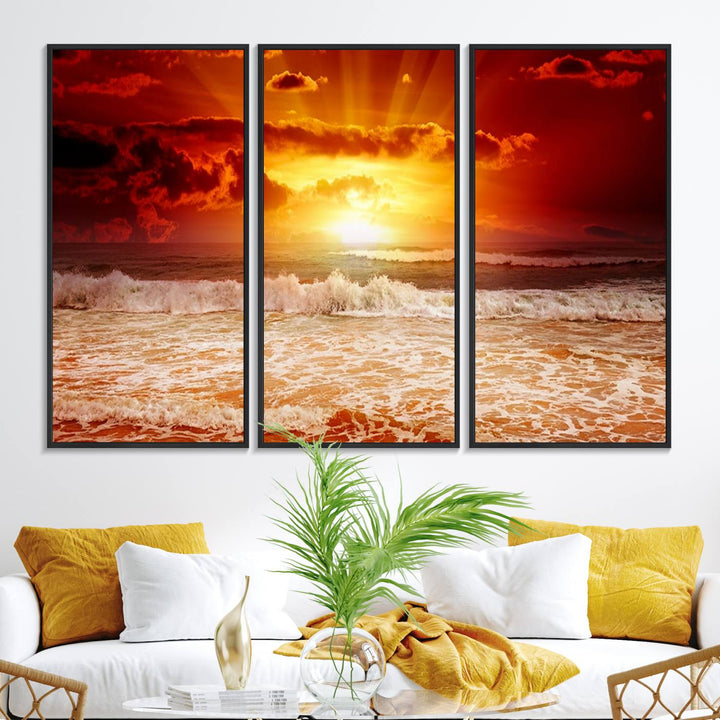 The Red Sunset Ocean Beach Canvas depicts ocean waves.