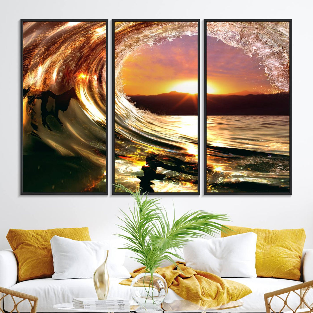 The Golden Wave Sunset Triptych Canvas Art showcases an ocean wave at sunset, casting warm light.