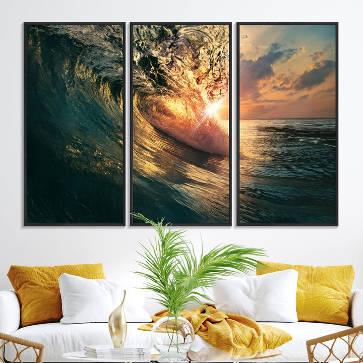 A triptych seascape titled Ocean Wave Sunset Canvas, featuring a stunning ocean view at sunset, is beautifully framed and ready to hang.