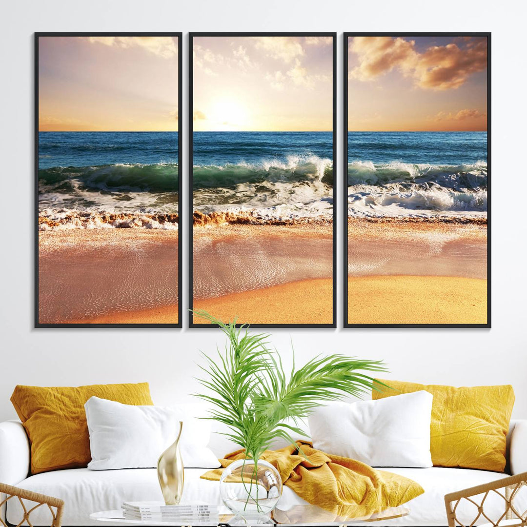 The wall features a Canon-quality Serene Beach Path canvas giclee print, depicting coastal dunes.