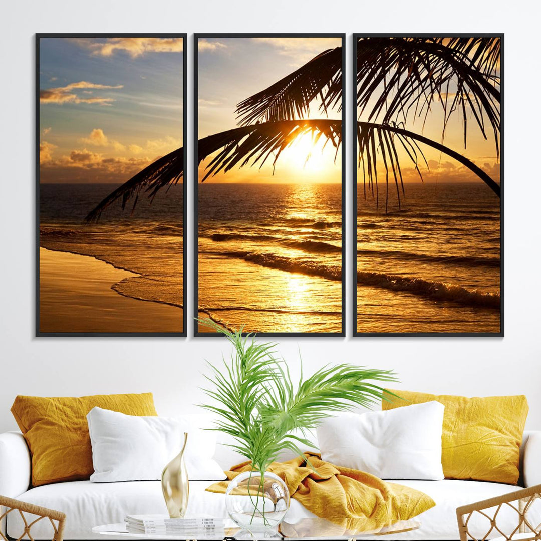 Golden Tropical Beach Sunset Canvas Triptych: Coastal Palm Art & Giclee Print with Gallery Wrap, capturing golden waves.