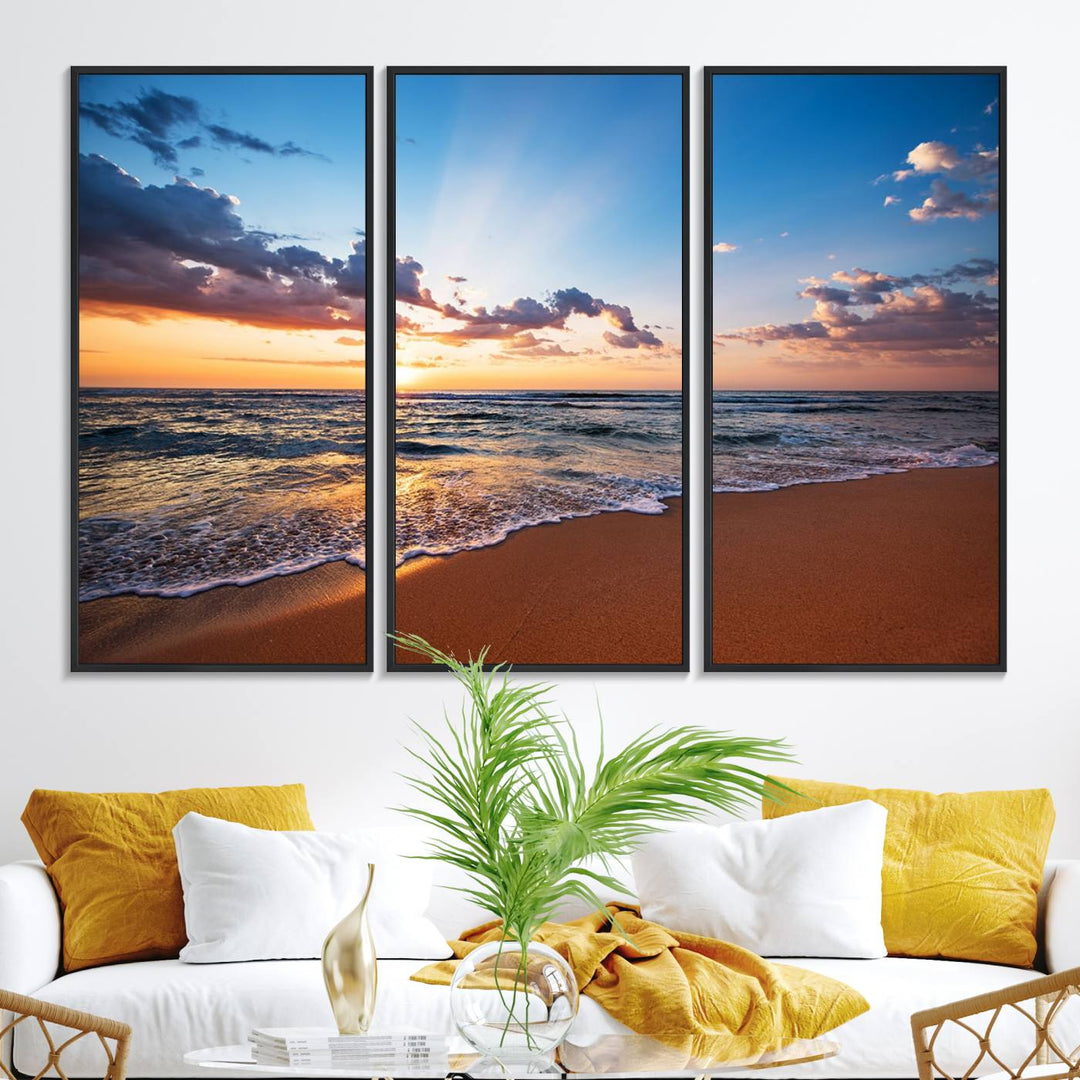 The living room showcases a Serene Ocean Sunset Canvas Print.