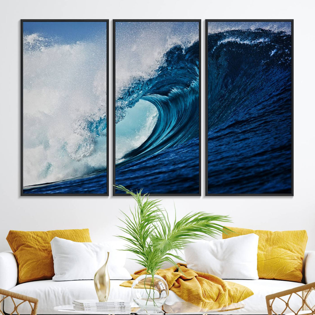 Ocean Wave at Sunset Canvas: A vibrant coastal art piece perfect for modern minimalist decor.