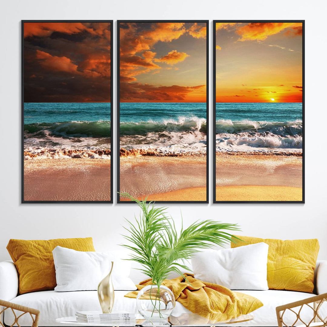 A Golden Sunset Beach triptych seascape canvas hangs on the wall.