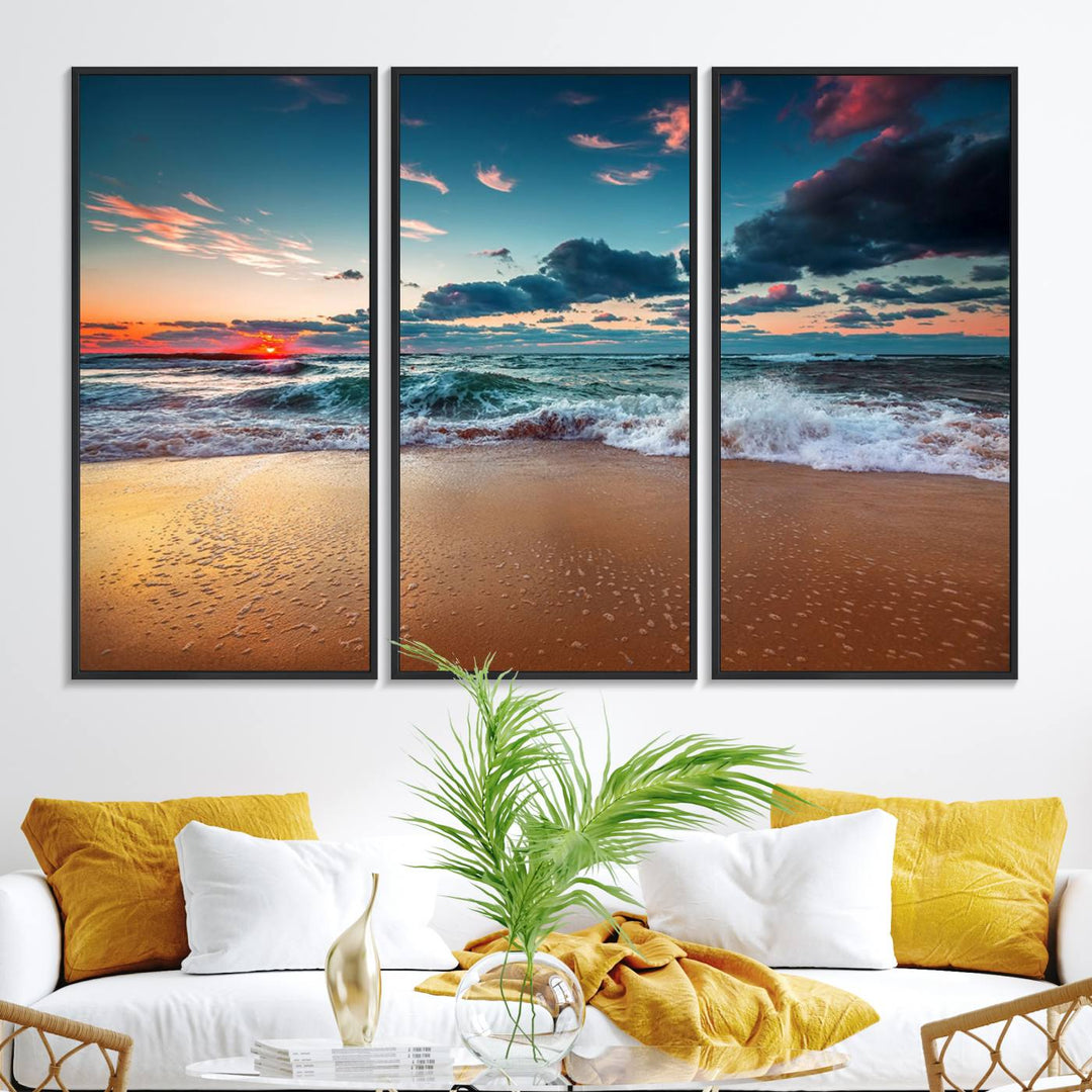 A large 3-panel sunset ocean beach canvas is displayed above the counter.