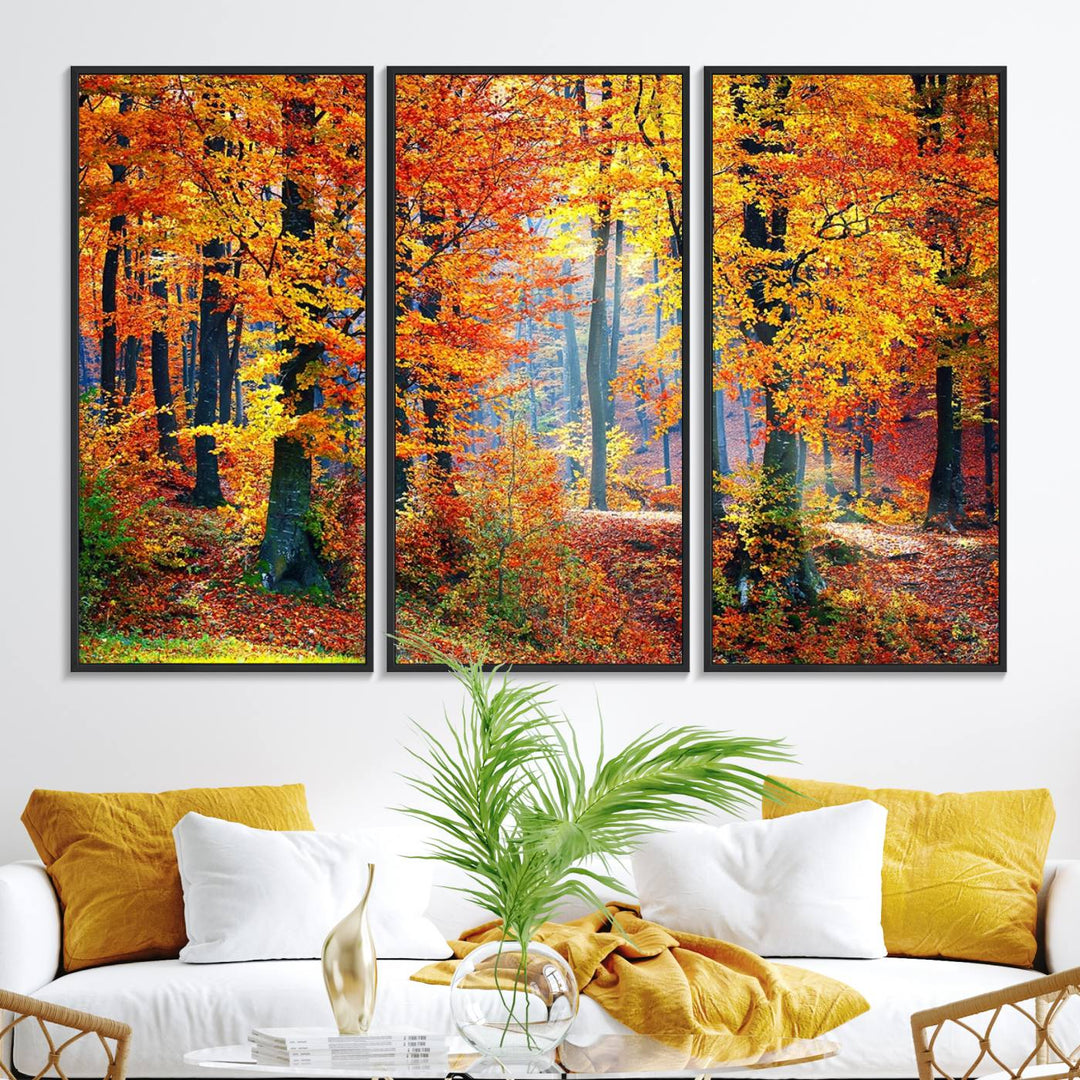 The room features an Autumn Red Forest Triptych Canvas Wall Art.