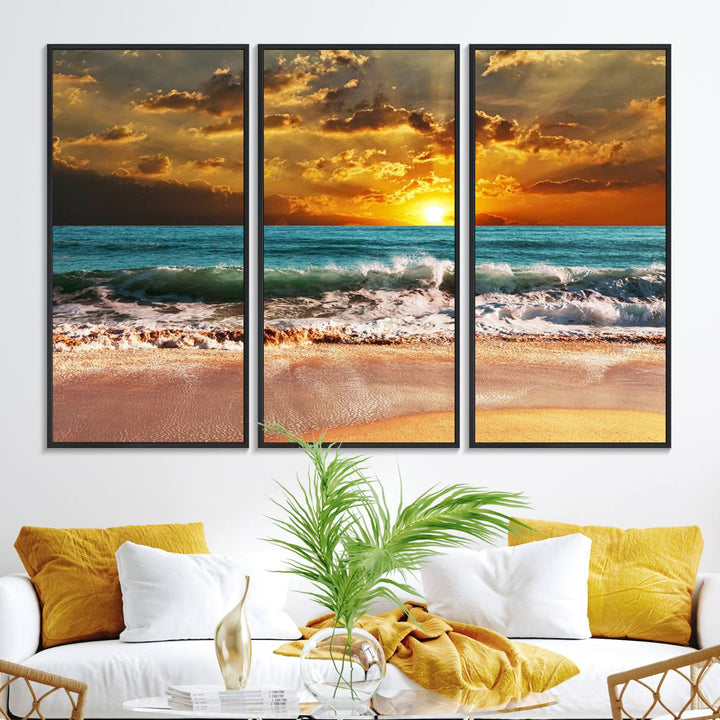 Golden Sunset Beach Canvas Triptych adorns the cozy room, creating a stunning focal point.