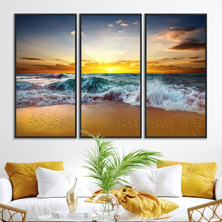 The kitchen features the Golden Sunset Ocean Waves multi-panel coastal wall art canvas.