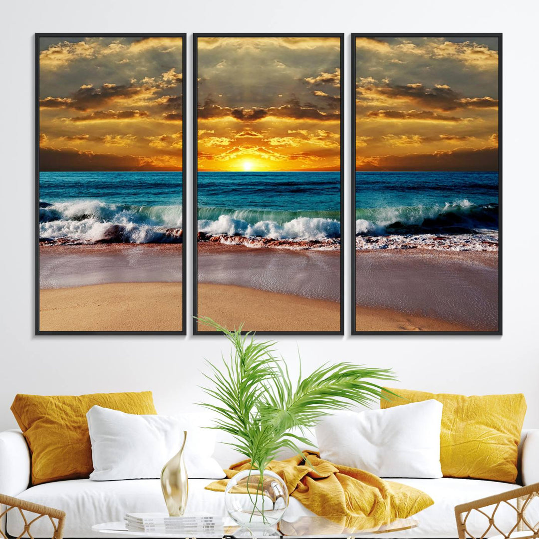 The Ocean Sunrise Over Golden Beach Waves wall art is prominently displayed, capturing the serene beauty of a beach at sunrise.