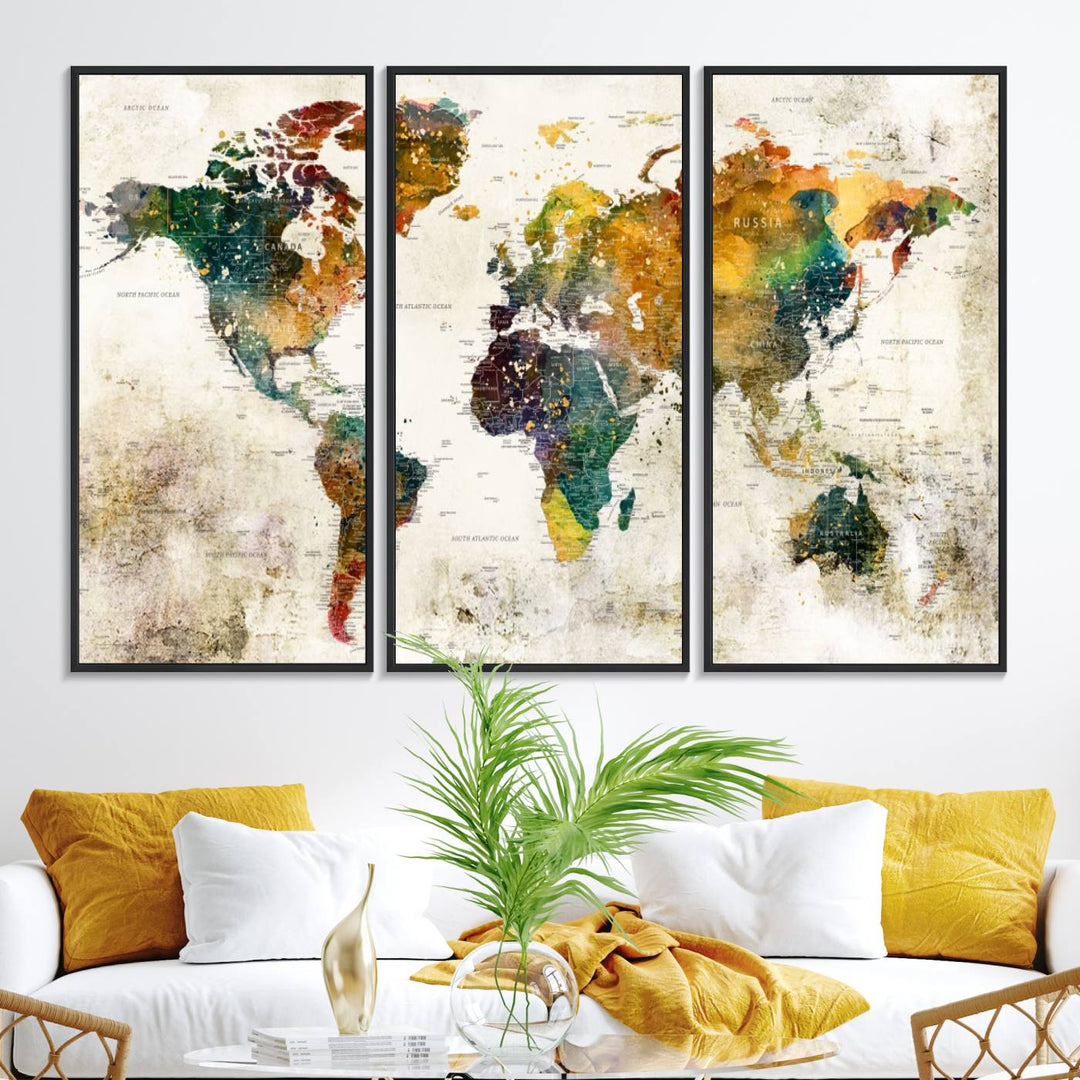 A 3-panel vintage world map canvas art is displayed.