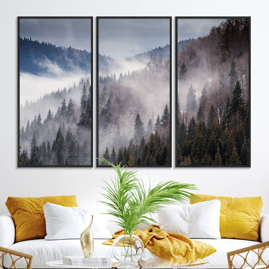 A museum-quality canvas of Beautiful Rising Fog in Winter Mountain Landscape hangs on the wall.