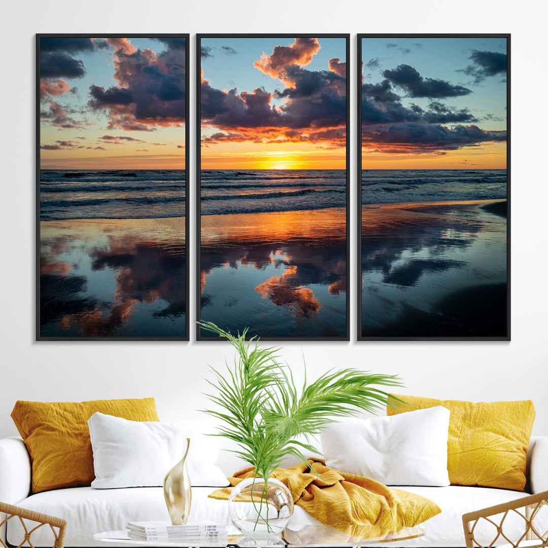 A Beach Sunset Print - Stunning Ocean Canvas Artwork adorns the wall.