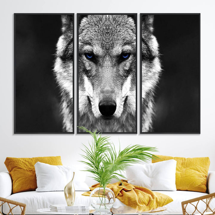 A ready-to-hang Black and White Wild Wolf Wall Art Canvas Print.