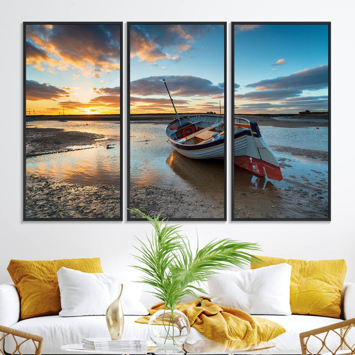 The Small Boat At The Beach Sunset wall art canvas print features UV coating, is museum-quality, and is ready to hang.