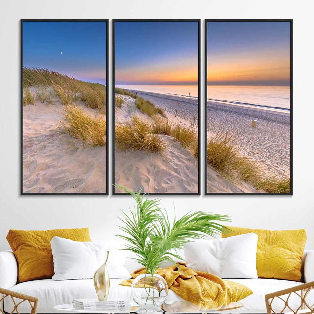 The cozy kitchen features the Sunrise On The Beach canvas art.