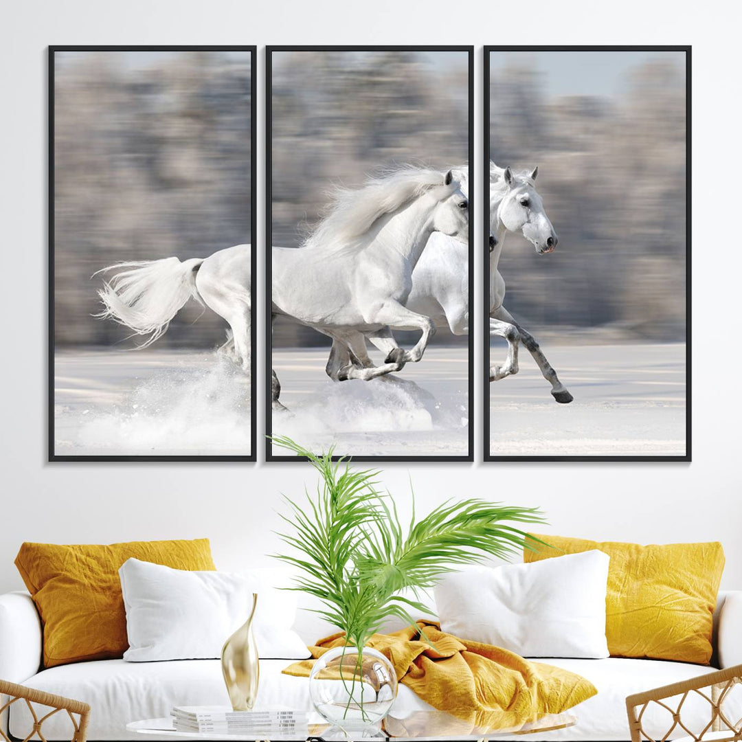 Museum-quality All The White Horses canvas print of two white horses in snow, ready to hang.