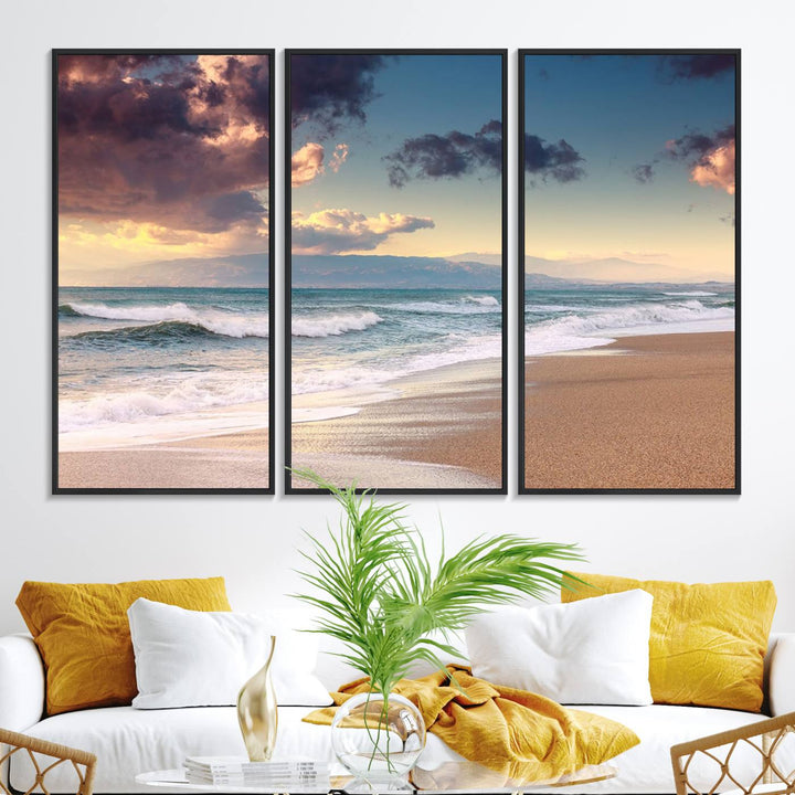 The dining area is enhanced with the Cloudy Weather Beach Sunset Canvas Print.