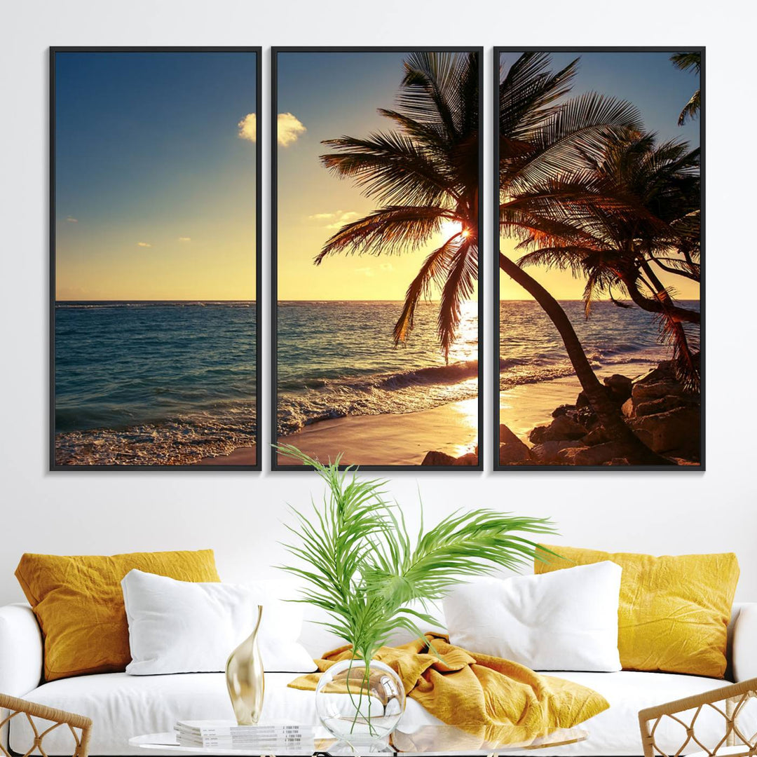 Sunset Palm Trees Wall Art Canvas Print: a serene beach scene on museum-quality canvas.