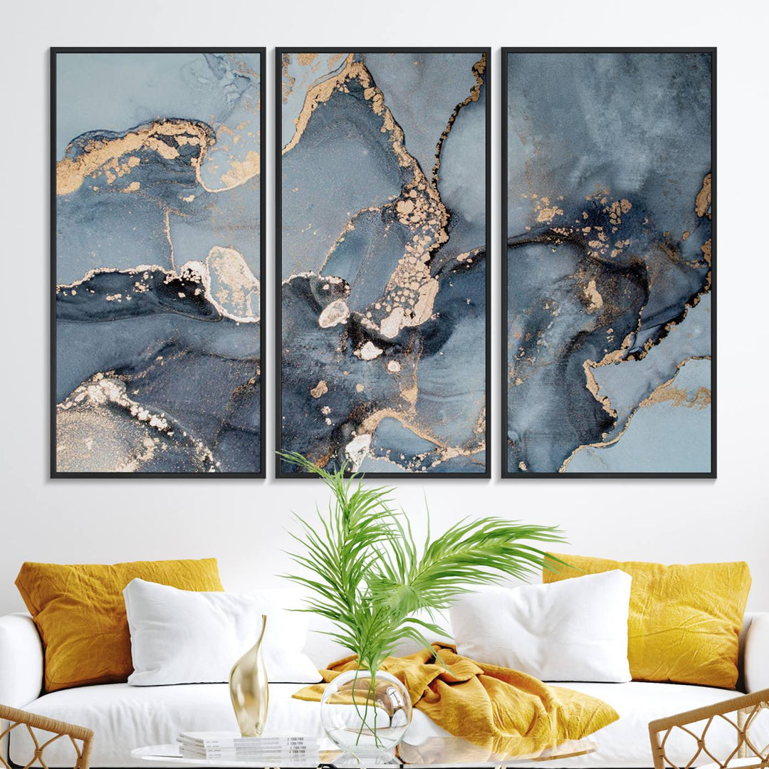 A Multipanel Marble Fluid Effect Canvas Print hangs prominently on the wall.