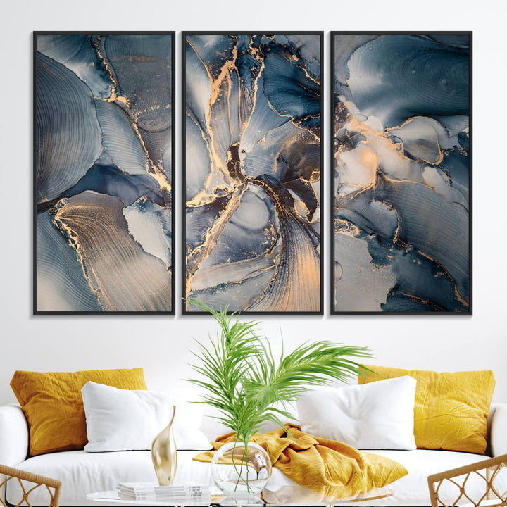 Abstract wall art canvas print is displayed prominently, adding a modern touch to the decor.