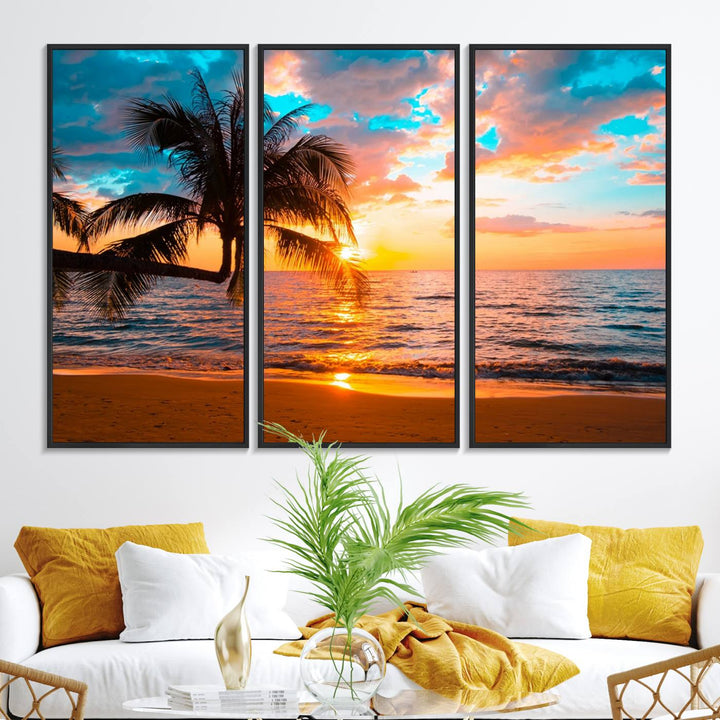 The Palm Tree Sunset On The Beach ready-to-hang canvas wall art—museum quality—brings a serene atmosphere to the room.