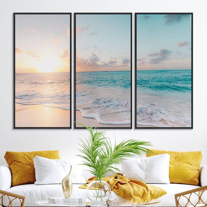 The room features a 3-panel Tranquil Ocean Beach Sunset Canvas Wall Art.