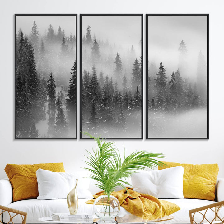 A stunning Foggy Misty Forest Canvas Wall Art adorns the kitchen wall.