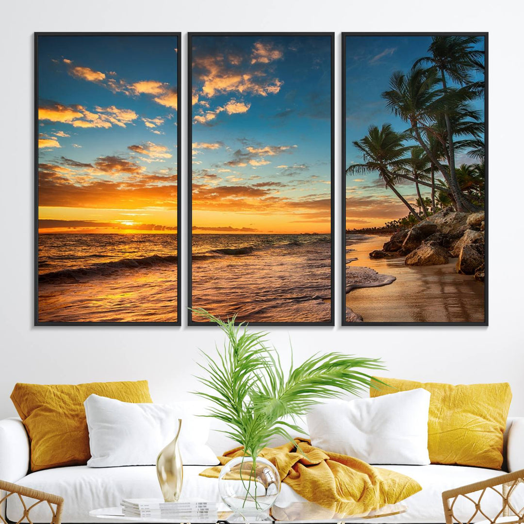 A stunning beach sunset on a museum-quality Sunset Wall Art Canvas Print adorns the kitchen wall.