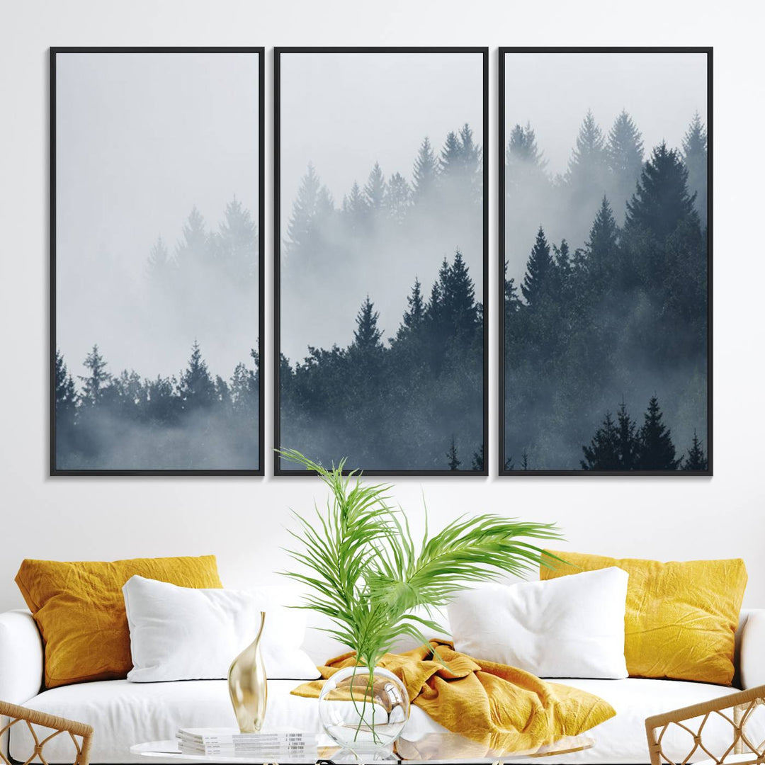 A large Foggy Pine Forest Wall Art Canvas Print.