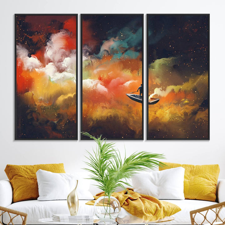 Surreal Space Adventure Canvas Wall Art features a person in a boat.