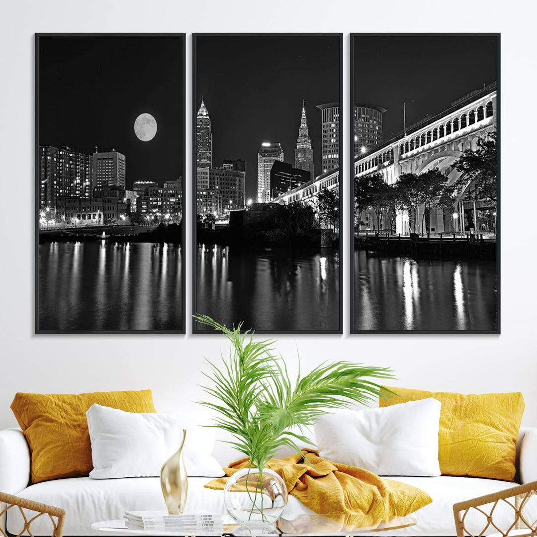 Cleveland Night Skyline Canvas Print: A museum-quality piece, ready to hang, featuring a stunning full moon and its reflections below.