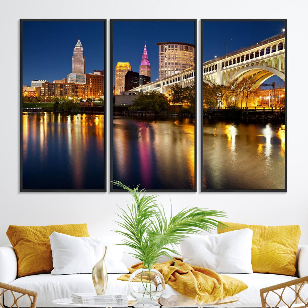 Cleveland Night Skyline Canvas: Cityscape with an illuminated bridge reflecting on calm water.