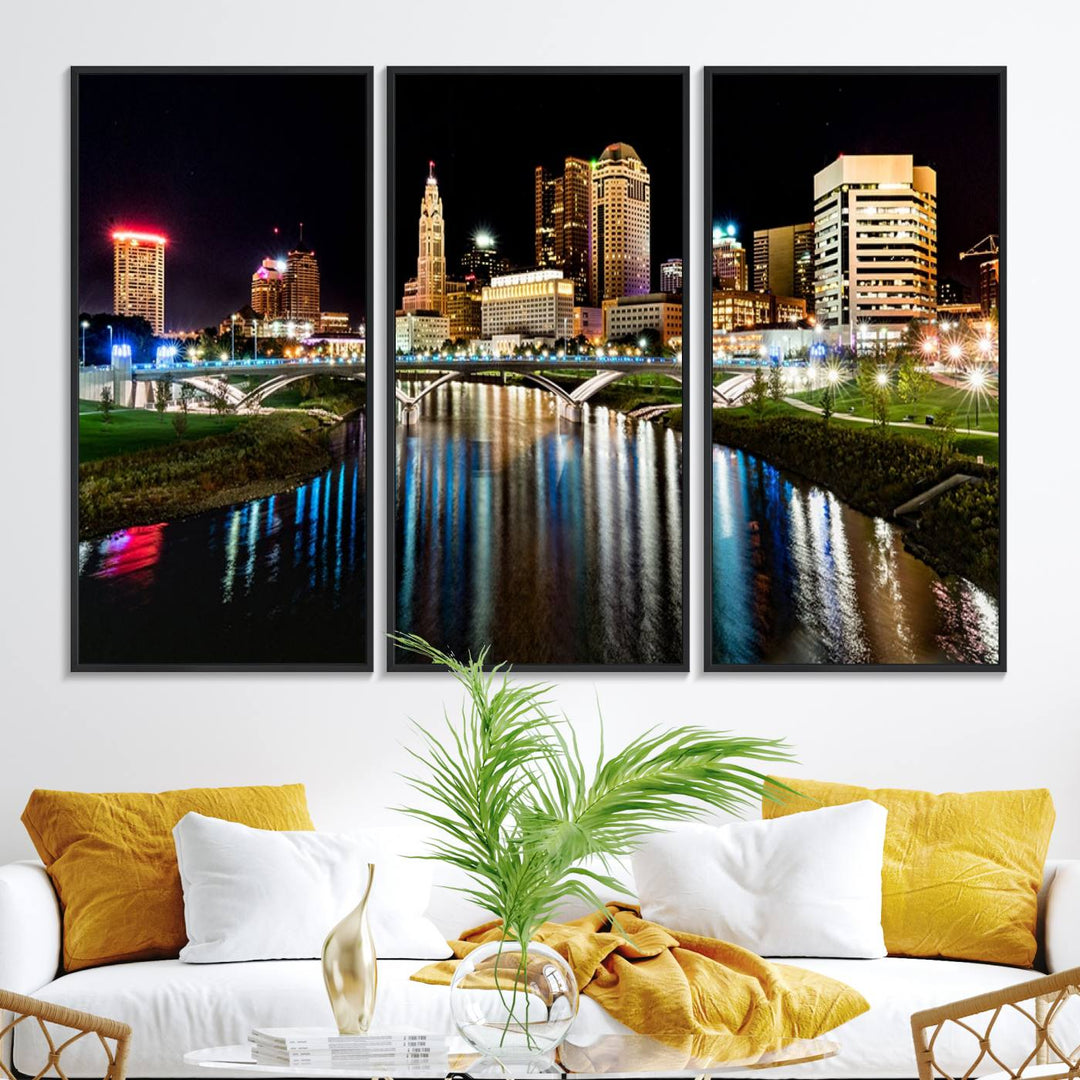 The Columbus City Lights Night Skyline Wall Art Canvas Print adorns the wall.