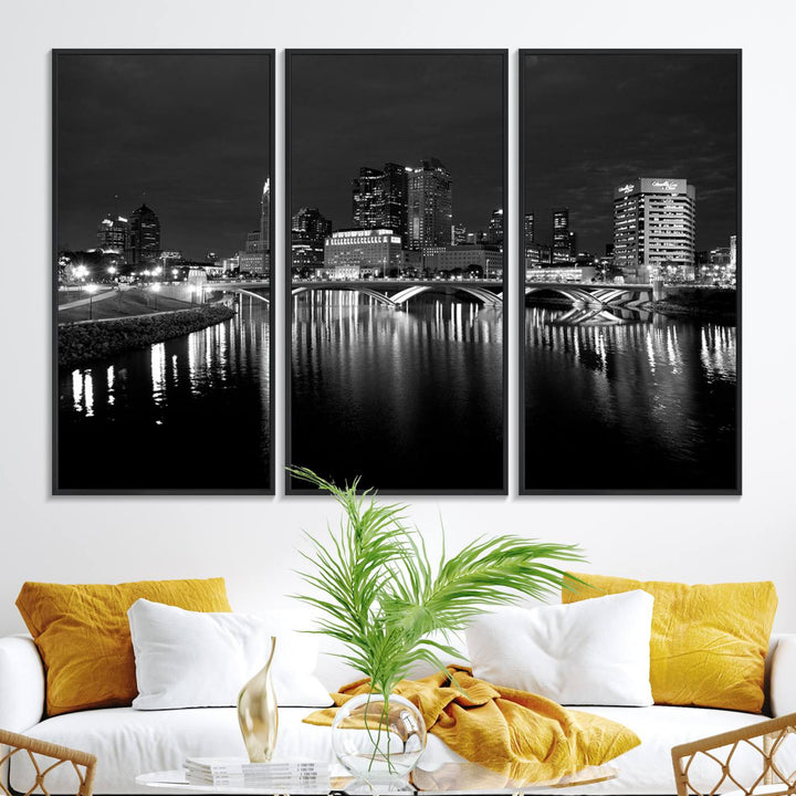 Columbus City Lights Skyline canvas print in black and white, featuring museum-quality craftsmanship and free shipping.