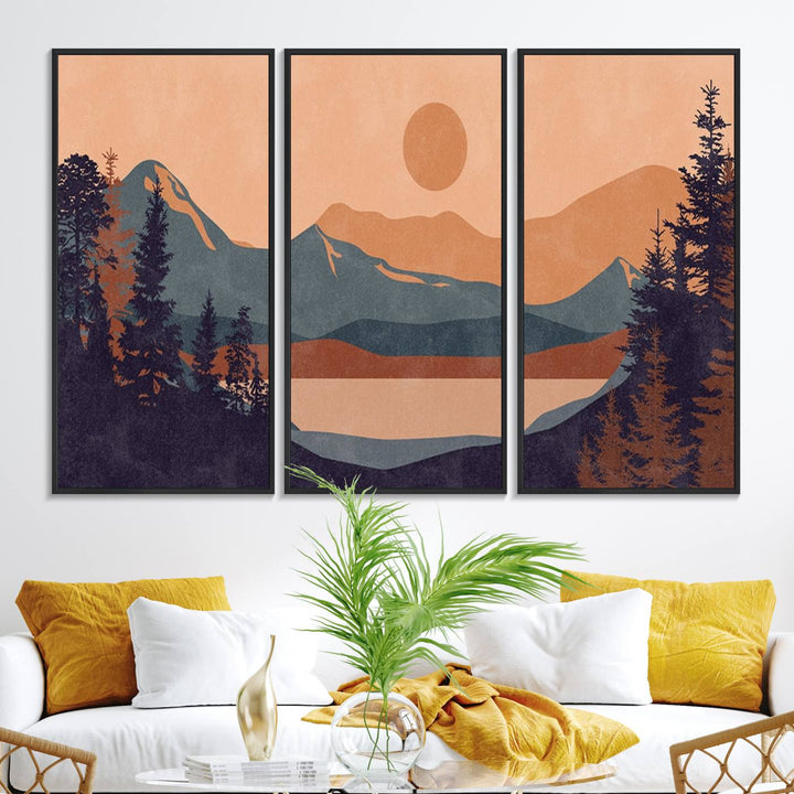 The Modern Boho Sunset Triptych displays a mountain sunset.