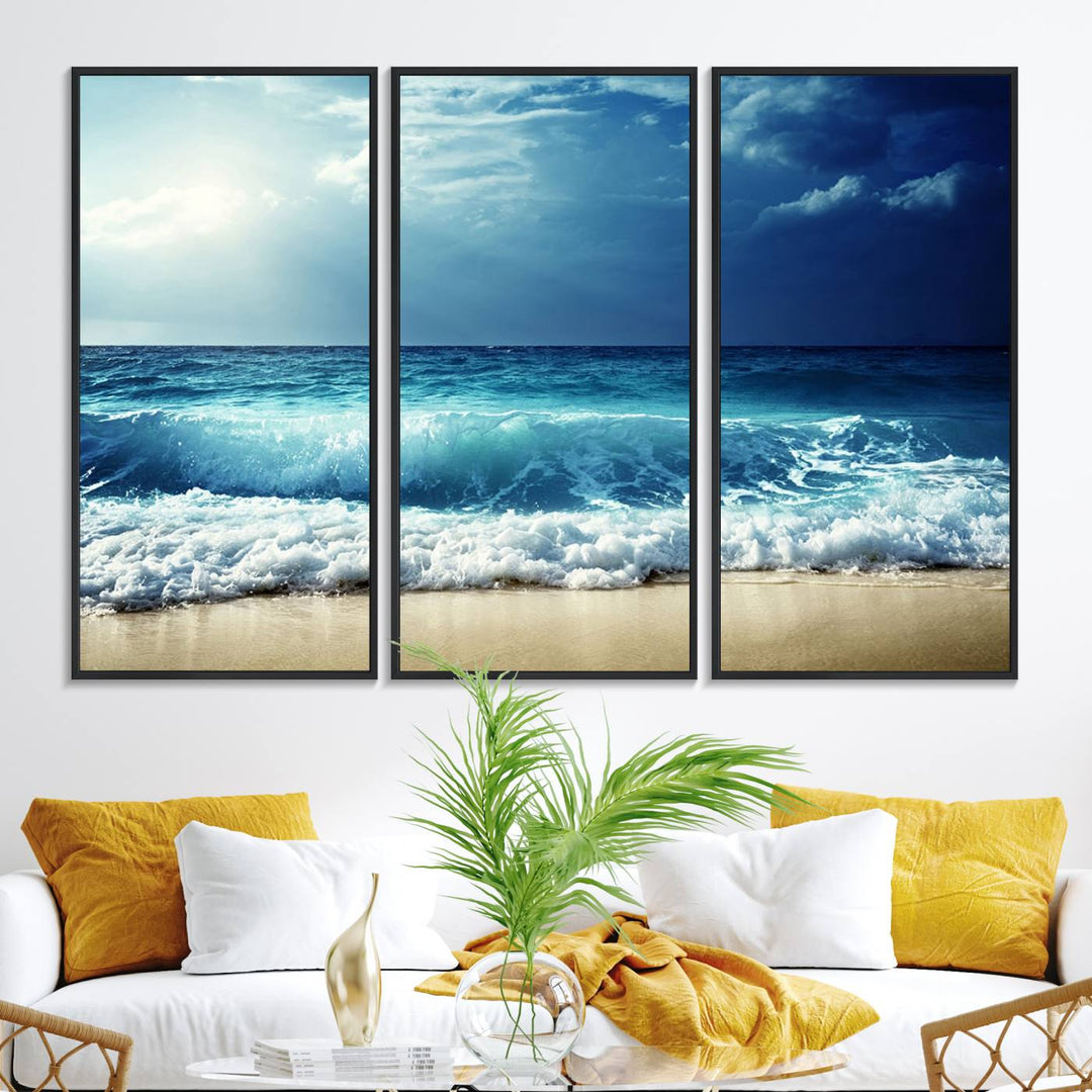 The Majestic Ocean Wave Wall Art Canvas, a 3-panel seascape print, is featured prominently.