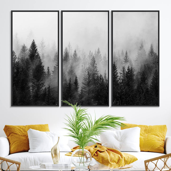 The Foggy B&W Forest Wall Art, featuring pine trees, enhances the minimalist kitchen ambiance.