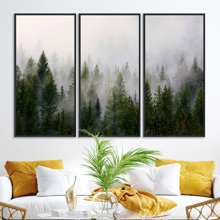 Misty Pine Forest Canvas Print serves as a foggy forest decor piece in the kitchen.