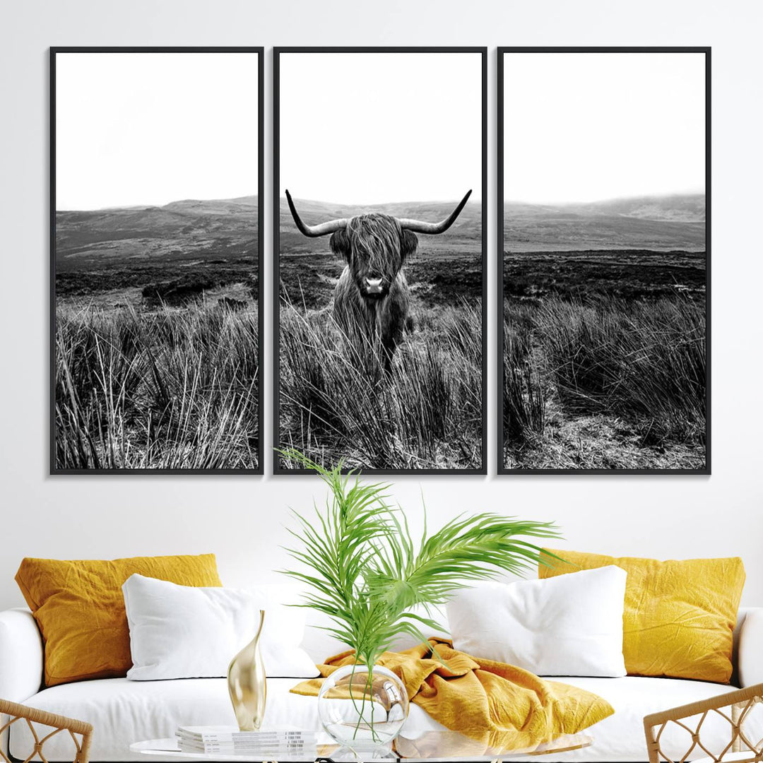 Dining room featuring a Black and White Highland Cow Canvas for a Western-themed decor.