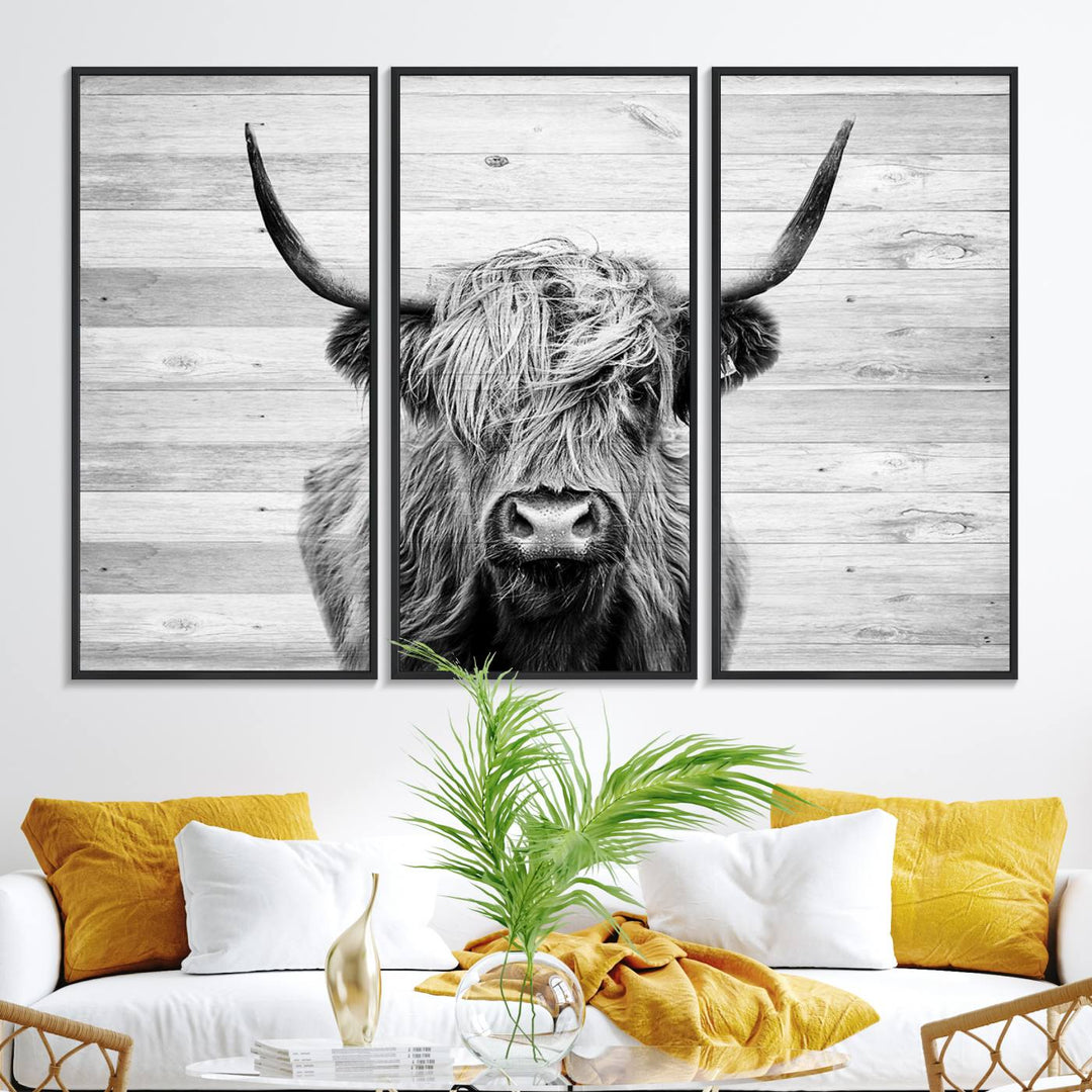 Scottish Highland Cow Cattle Art adds rustic farmhouse charm to the space.