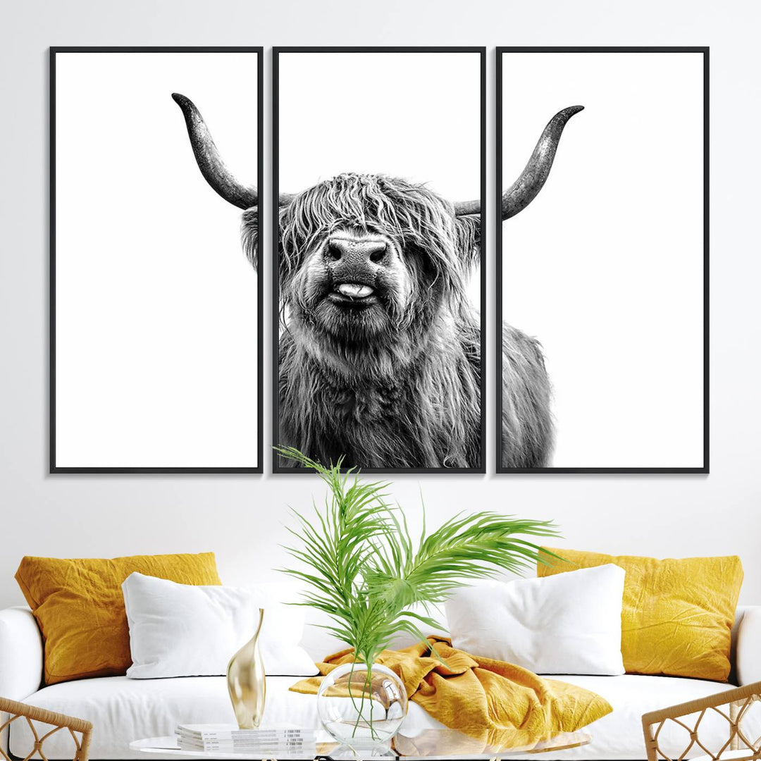 The Fanny Highland Cow art print decorates the modern kitchen, featured in black and white.